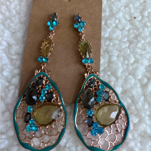Elegant Teal and Gold Drop Earrings - Picture 1 of 3
